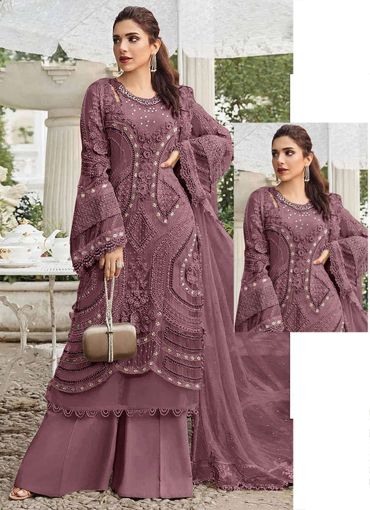 Faux Georgette Dark Mauve Eid Wear Embroidery Work Pakistani Suit 387665