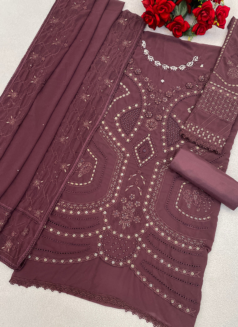 Faux Georgette Dark Mauve Eid Wear Embroidery Work Pakistani Suit 387665