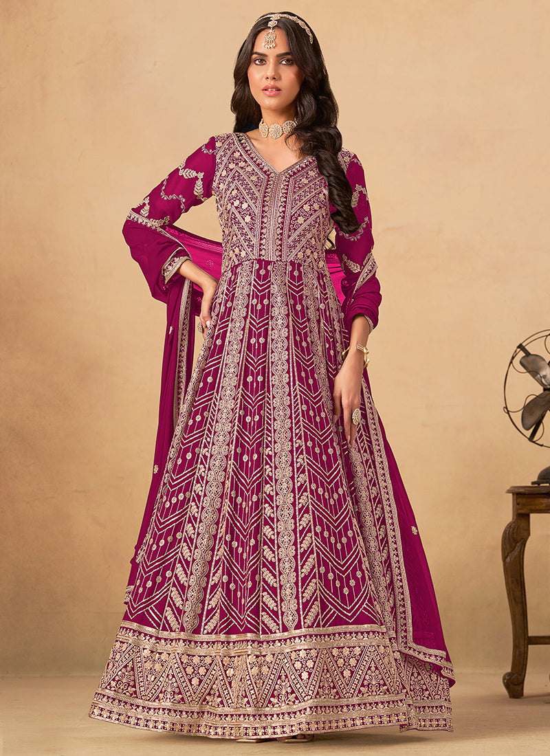 Faux Georgette Dark Pink Wedding Wear Zardozi Work Anarkali Gown 386505