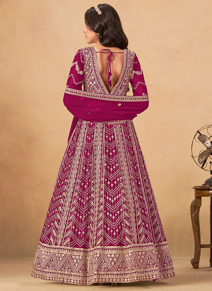 Faux Georgette Dark Pink Wedding Wear Zardozi Work Anarkali Gown 386505