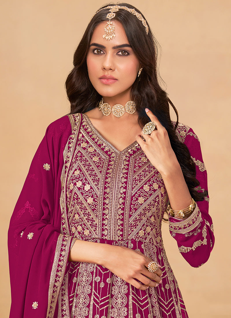 Faux Georgette Dark Pink Wedding Wear Zardozi Work Anarkali Gown 386505