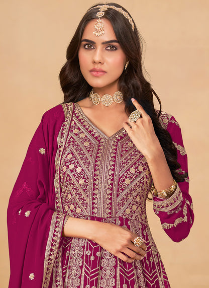 Faux Georgette Dark Pink Wedding Wear Zardozi Work Anarkali Gown 386505