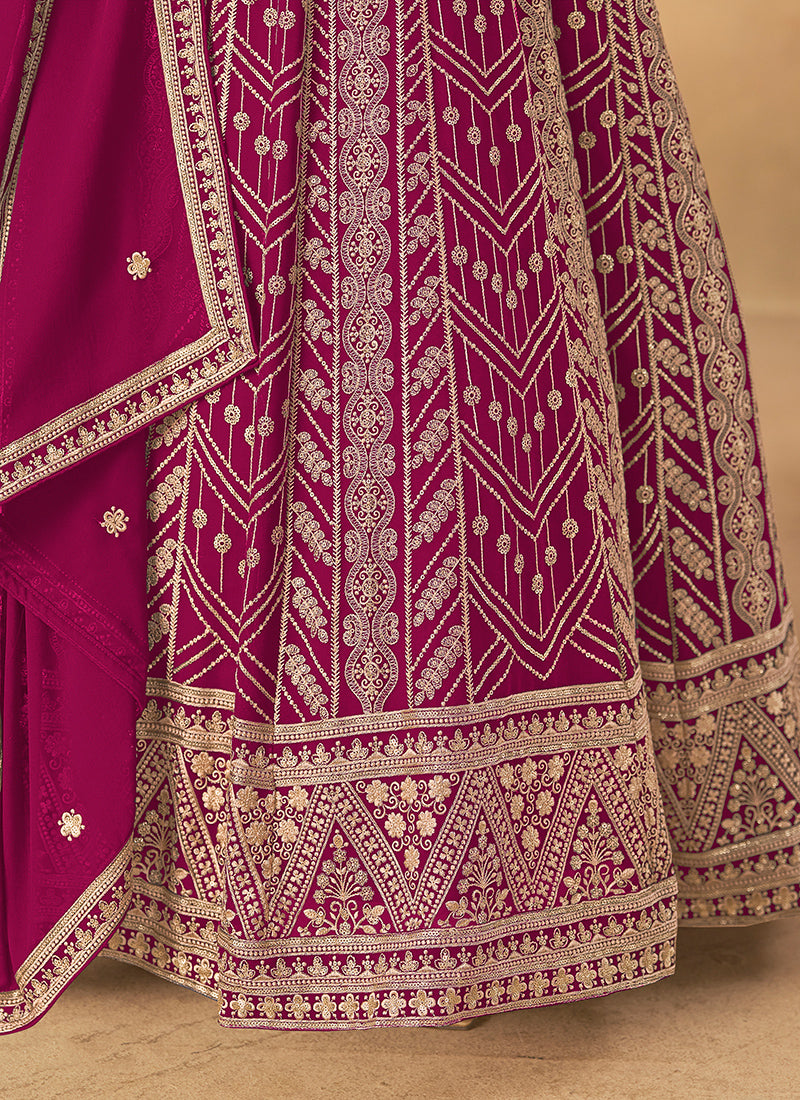 Faux Georgette Dark Pink Wedding Wear Zardozi Work Anarkali Gown 386505