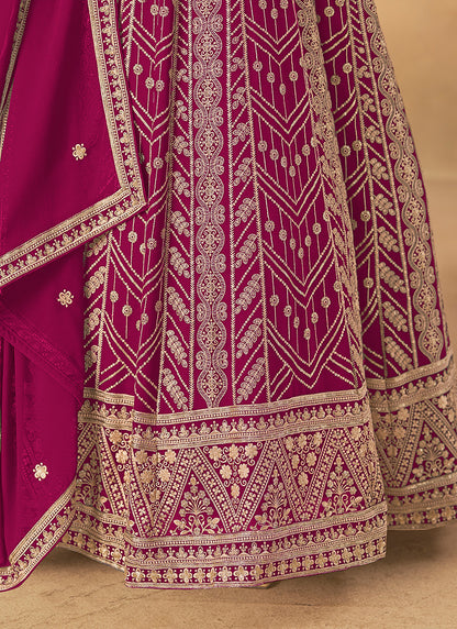 Faux Georgette Dark Pink Wedding Wear Zardozi Work Anarkali Gown 386505