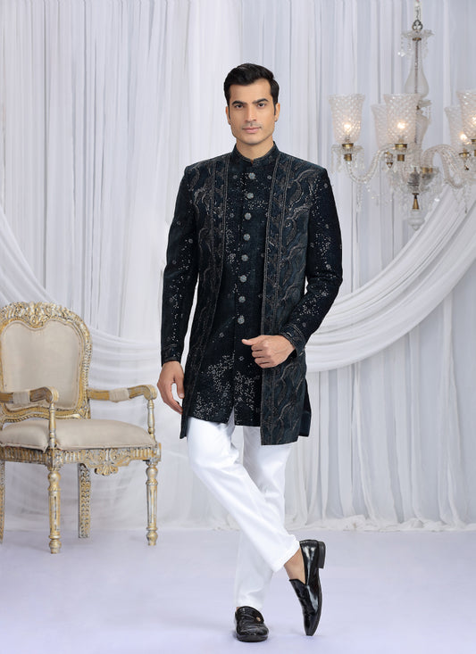 Velvet Silk Dark Teal Green Wedding Wear Computer Thread Work Readymade Indo Western Sherwani 386026