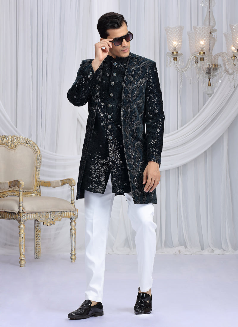 Velvet Silk Dark Teal Green Wedding Wear Computer Thread Work Readymade Indo Western Sherwani 386026