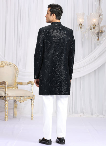 Velvet Silk Dark Teal Green Wedding Wear Computer Thread Work Readymade Indo Western Sherwani 386026