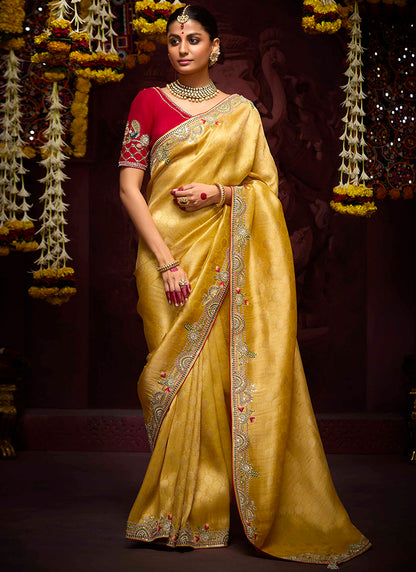 Dark Yellow Kanjivaram Silk Sequins Work  Party Wear Saree SW326799