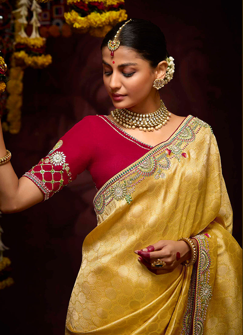 Dark Yellow Kanjivaram Silk Sequins Work  Party Wear Saree SW326799