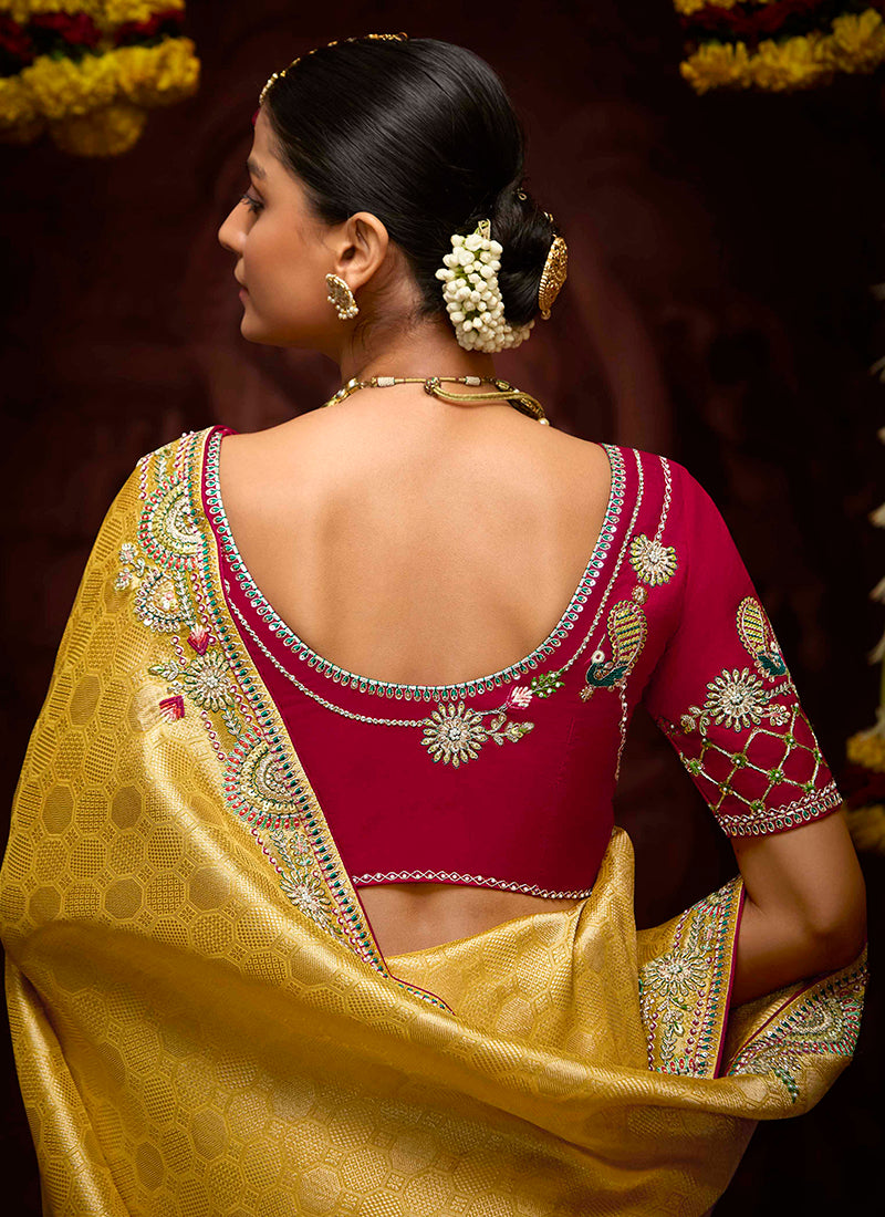 Dark Yellow Kanjivaram Silk Sequins Work  Party Wear Saree SW326799