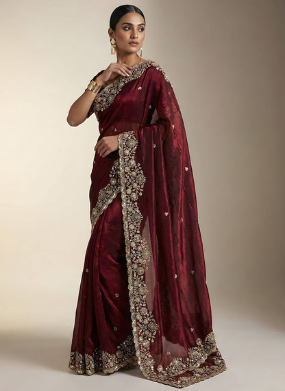 Deep Maroon Fendy Satin Silk Zari Embroidery Work Wedding Wear Wedding Saree SW603993