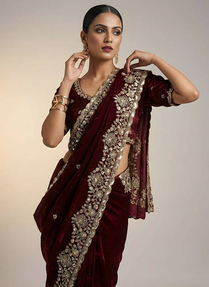 Deep Maroon Fendy Satin Silk Zari Embroidery Work Wedding Wear Wedding Saree SW603993