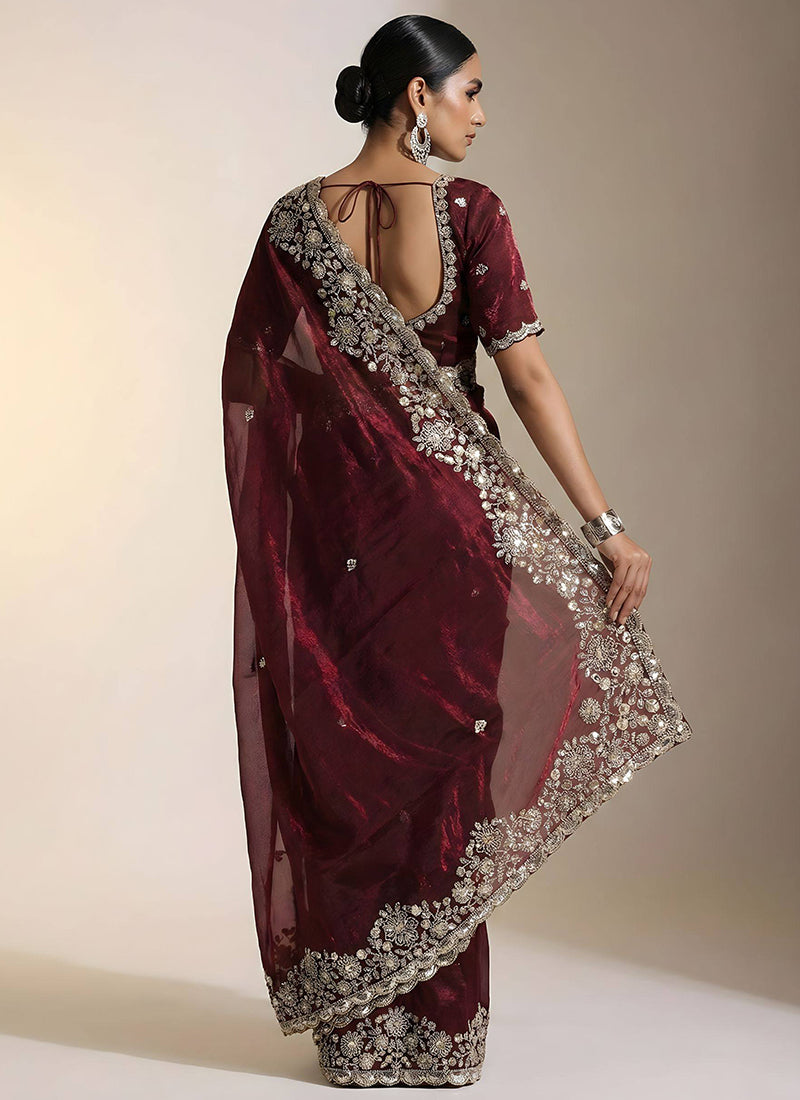 Deep Maroon Fendy Satin Silk Zari Embroidery Work Wedding Wear Wedding Saree SW603993