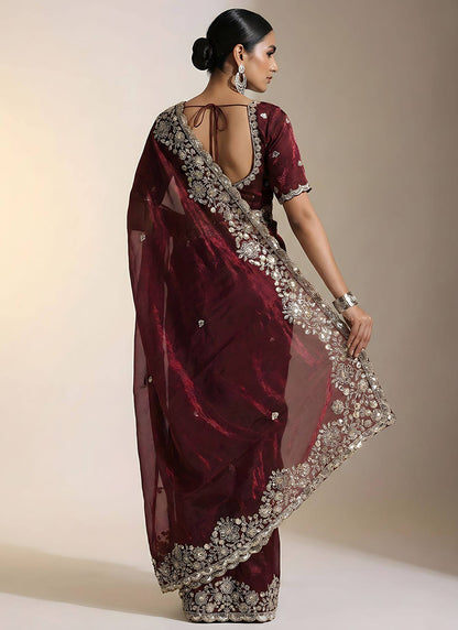 Deep Maroon Fendy Satin Silk Zari Embroidery Work Wedding Wear Wedding Saree SW603993