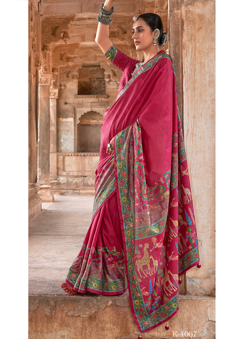 Pv Silk Deep Red Saree with Printed Work for Designer Wear 385129