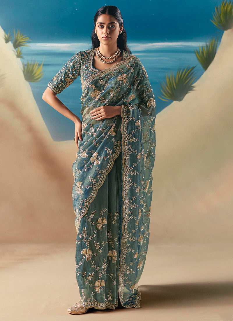Fancy Dusty Blue Saree with Sequins Work for Wedding Wear 385417