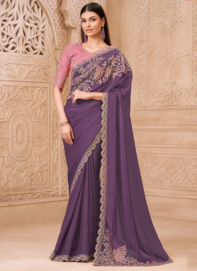 Georgette Dusty Lavender Party Wear Embroidery Work Saree 385720