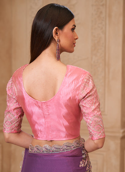 Georgette Dusty Lavender Party Wear Embroidery Work Saree 385720