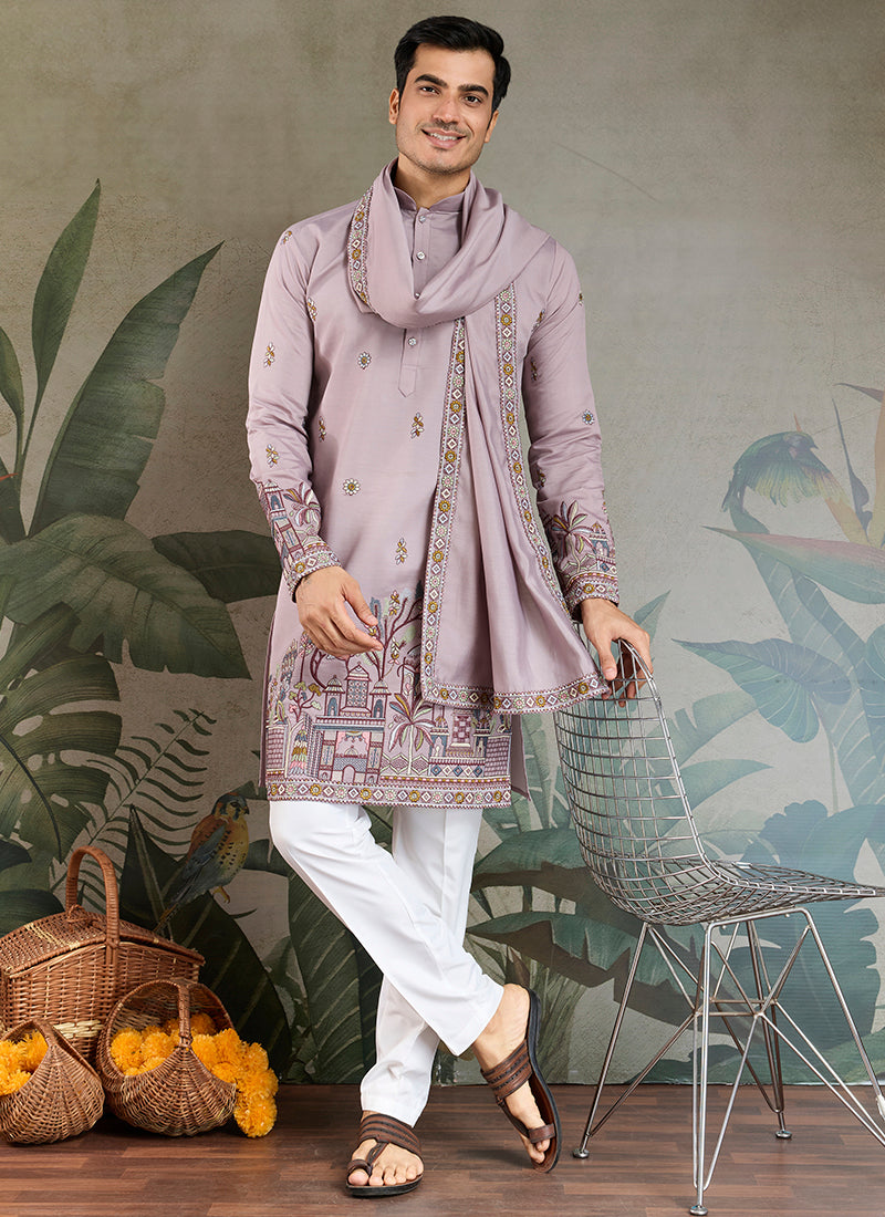 Viscose Silk Dusty Lilac Party Wear Embroidery Work Readymade Kurta With Dupatta 377163