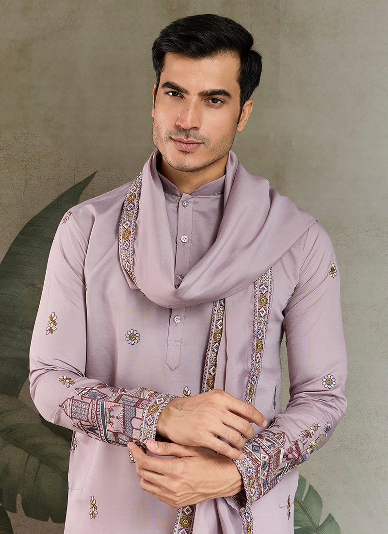 Viscose Silk Dusty Lilac Party Wear Embroidery Work Readymade Kurta With Dupatta 377163