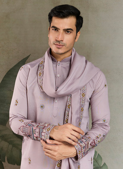Viscose Silk Dusty Lilac Party Wear Embroidery Work Readymade Kurta With Dupatta 377163