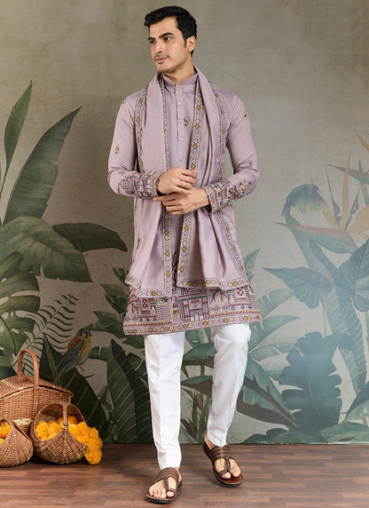 Viscose Silk Dusty Lilac Party Wear Embroidery Work Readymade Kurta With Dupatta 377163