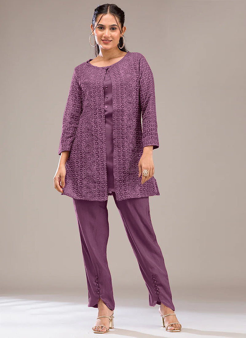 Dusty Mauve Faux Georgette Embroidery Work Casual Wear Readymade Designer Kurti SW569699