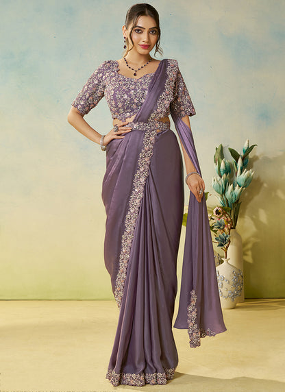 Dusty Mauve Purple Natural Satin Silk Sequin Work Party Wear Ready To Wear Saree SW162020