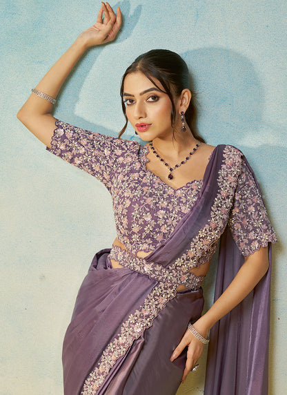 Dusty Mauve Purple Natural Satin Silk Sequin Work Party Wear Ready To Wear Saree SW162020