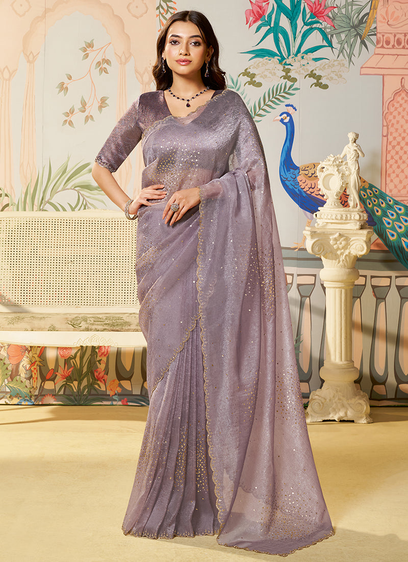 Silk Dusty Mauve Saree with Embroidery Work for Festival Wear 385034