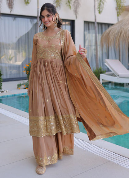 Dusty Peach Silk Sequins Work Festival Wear Readymade Plazzo Suit SW955710