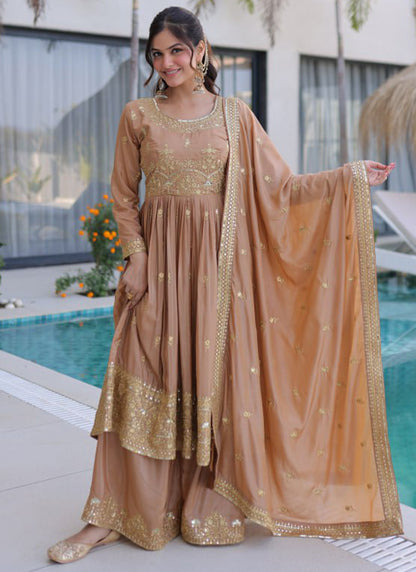 Dusty Peach Silk Sequins Work Festival Wear Readymade Plazzo Suit SW955710