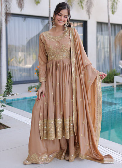 Dusty Peach Silk Sequins Work Festival Wear Readymade Plazzo Suit SW955710