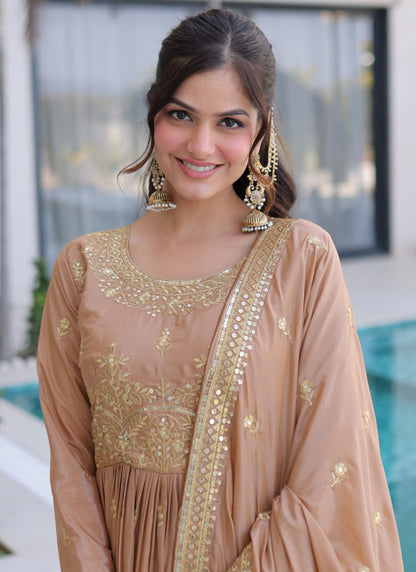 Dusty Peach Silk Sequins Work Festival Wear Readymade Plazzo Suit SW955710