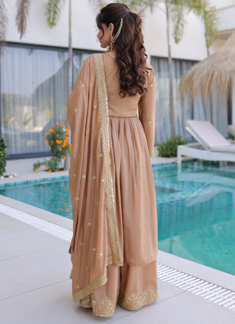 Dusty Peach Silk Sequins Work Festival Wear Readymade Plazzo Suit SW955710