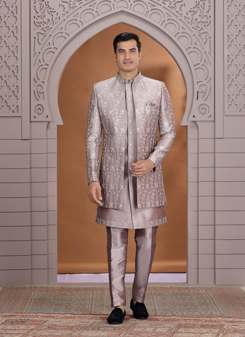 Art Silk Dusty Pink Wedding Wear Pattern Pc Work Readymade Indo Western Sherwani 386018