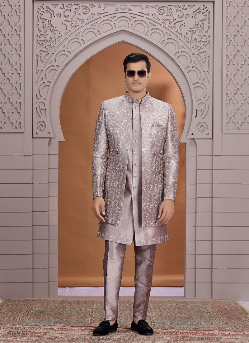 Art Silk Dusty Pink Wedding Wear Pattern Pc Work Readymade Indo Western Sherwani 386018