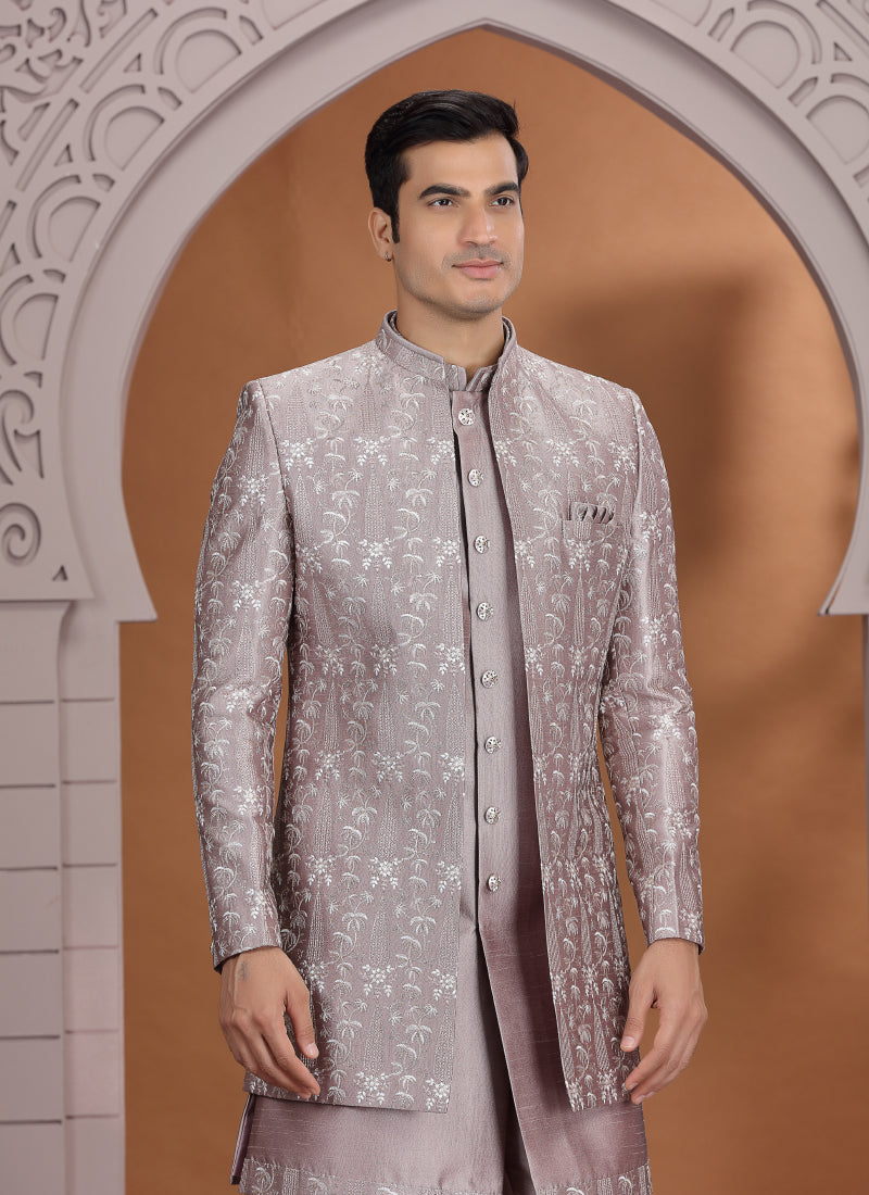 Art Silk Dusty Pink Wedding Wear Pattern Pc Work Readymade Indo Western Sherwani 386018
