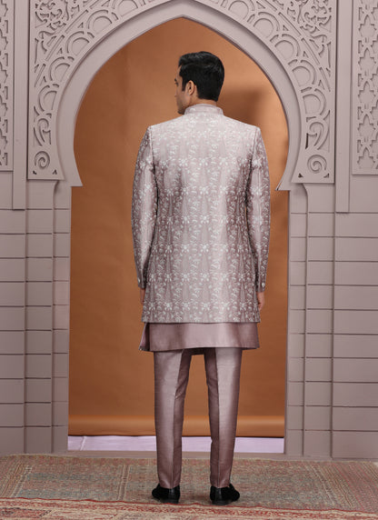 Art Silk Dusty Pink Wedding Wear Pattern Pc Work Readymade Indo Western Sherwani 386018