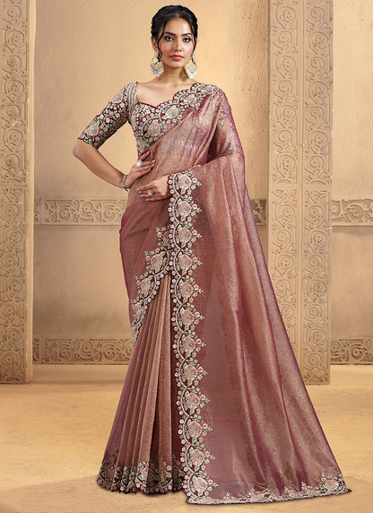 Banarasi Crush Dusty Pink Wedding Wear Sequin Work Ethnic Wedding Saree 386411
