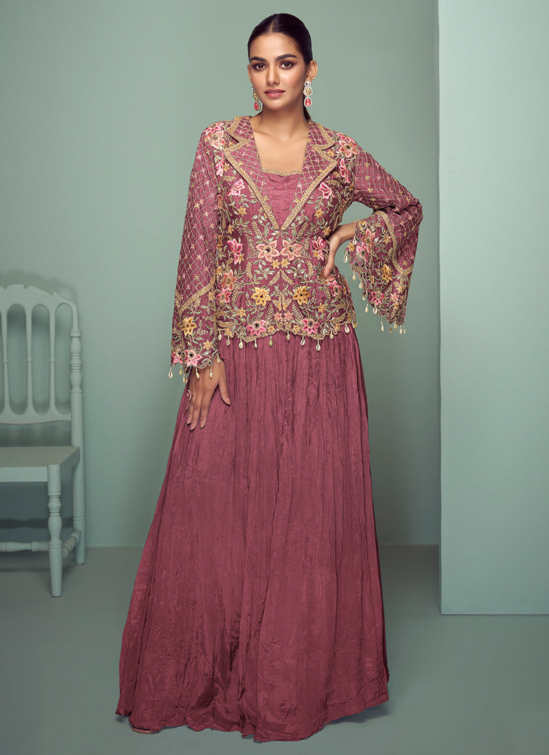Dusty Pink Chinon Embroidery Work Occasional Wear Readymade Designer Suit SW874092
