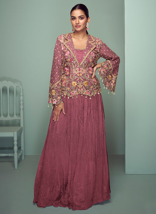 Dusty Pink Chinon Embroidery Work Occasional Wear Readymade Designer Suit SW874092