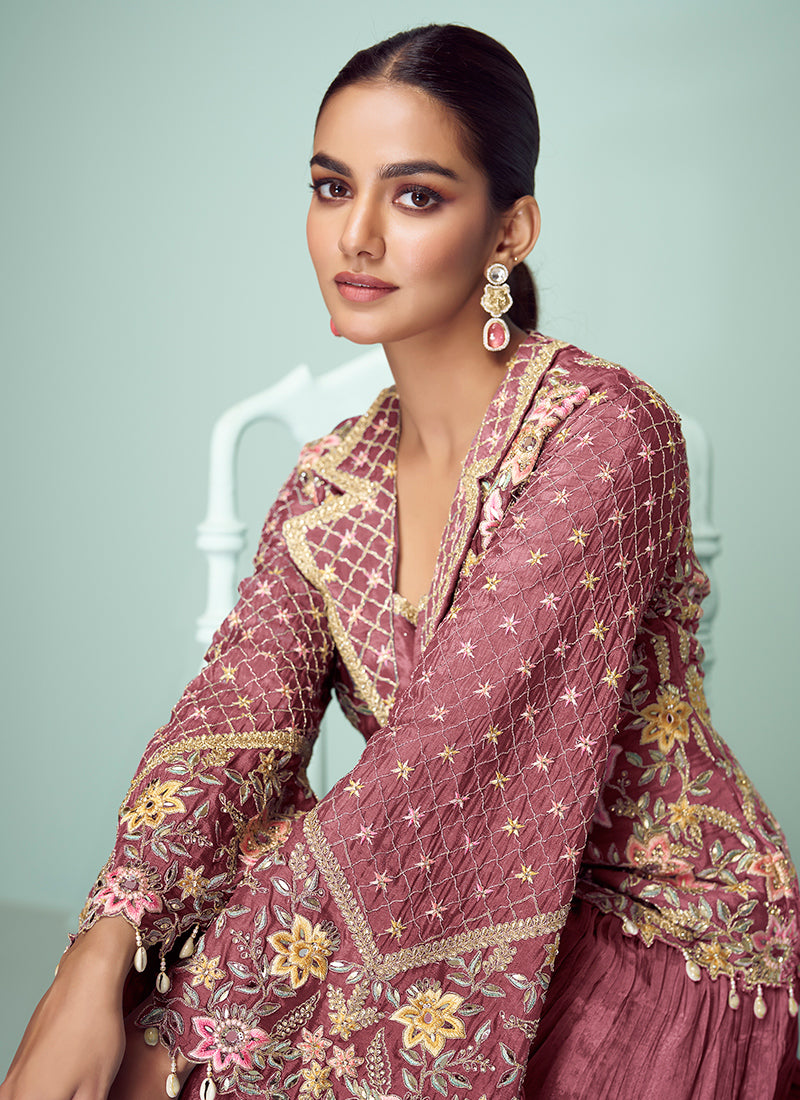 Dusty Pink Chinon Embroidery Work Occasional Wear Readymade Designer Suit SW874092