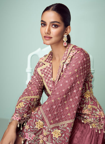 Dusty Pink Chinon Embroidery Work Occasional Wear Readymade Designer Suit SW874092