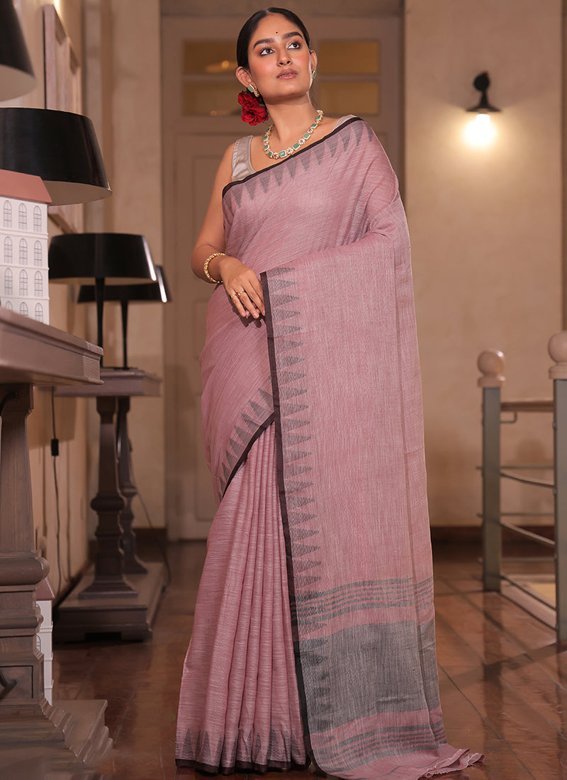 Cotton Dusty Pink Saree with Weaving Work for Daily Wear 382881