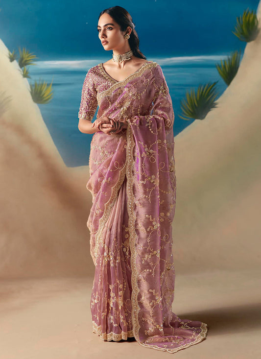 Fancy Dusty Pink Saree with Sequins Work for Wedding Wear 385422