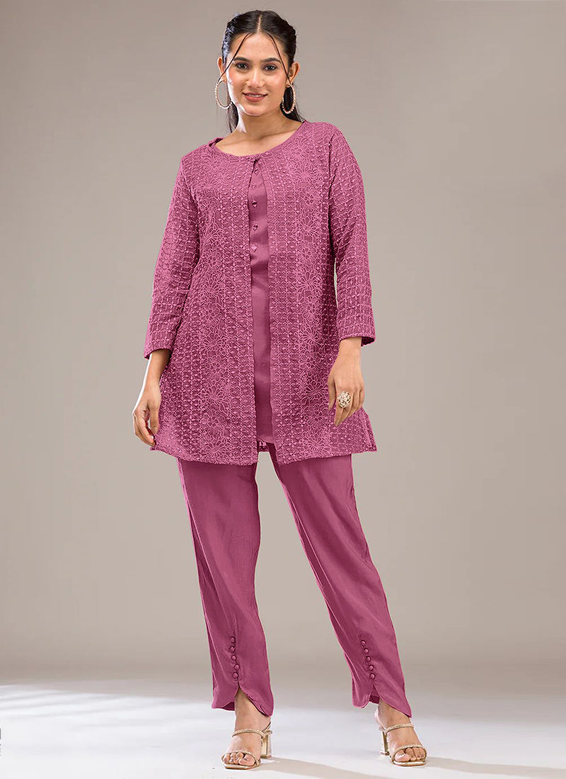 Dusty Pink Faux Georgette Embroidery Work Casual Wear Readymade Designer Kurti SW499106