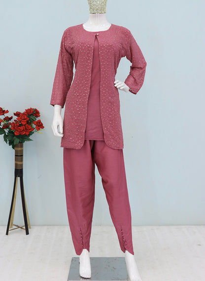 Dusty Pink Faux Georgette Embroidery Work Casual Wear Readymade Designer Kurti SW499106