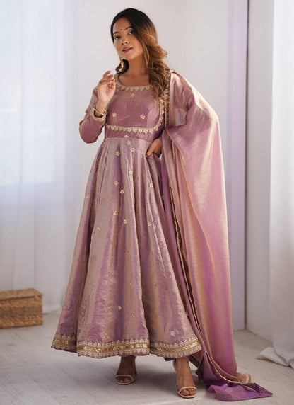 Fendy Silk Dusty Pink Casual Wear Sequins Work Readymade Anarkali Suit 388725