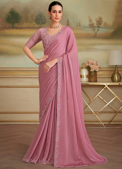 Georgette Dusty Pink Party Wear Embroidery Work Saree 386389